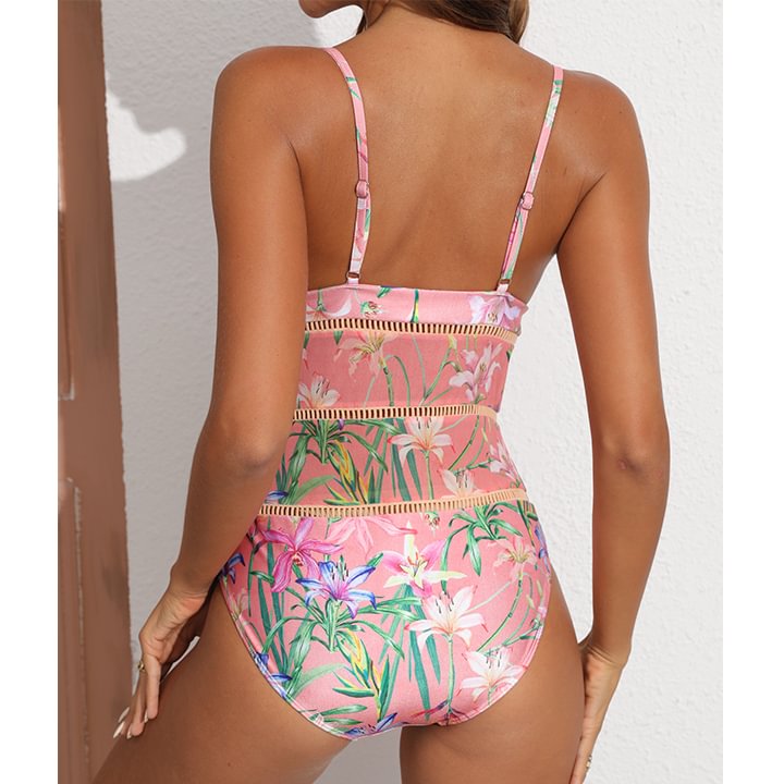 Vioye V Neck Floral Print One Piece Swimsuit and Mesh Splicing Sarong