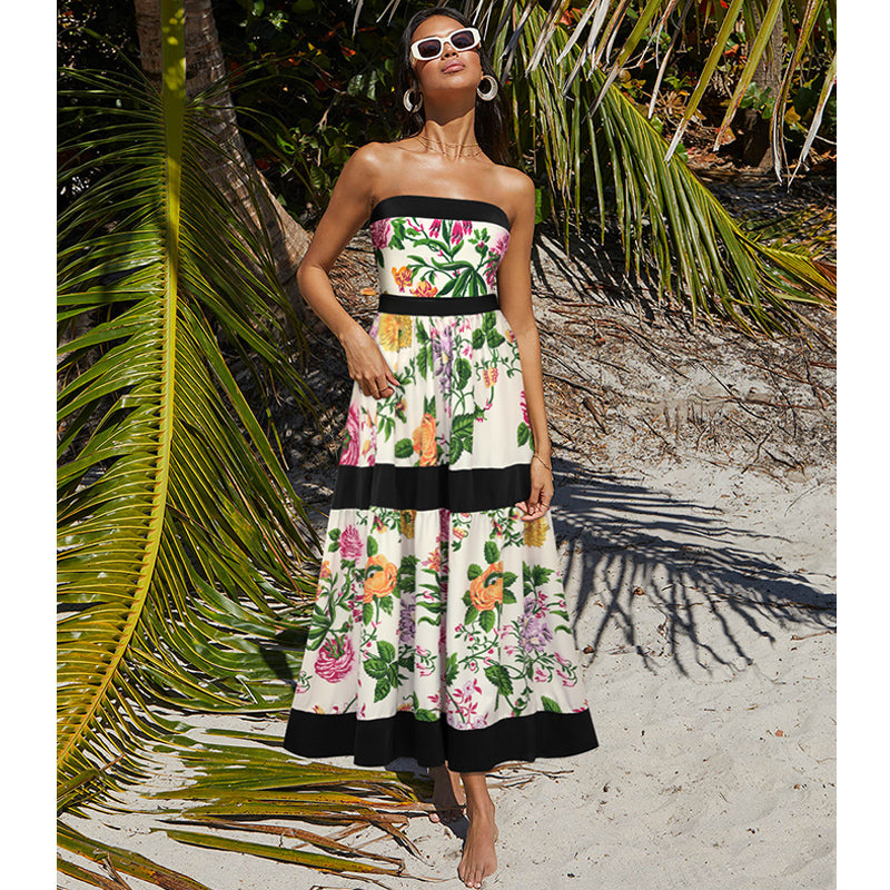 Off Shoulder Back Bow Tie Color Block Printed One Piece Swimsuit and Skirt(Shipped on Sep 25th)