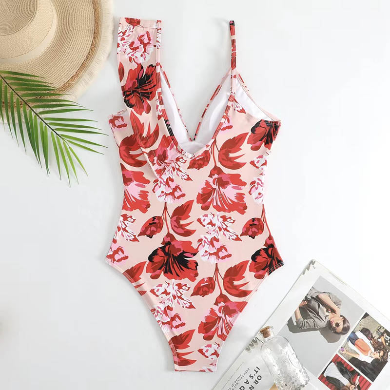 Floral Print Asymmetrical Strap Ruffle Trim Swimsuit