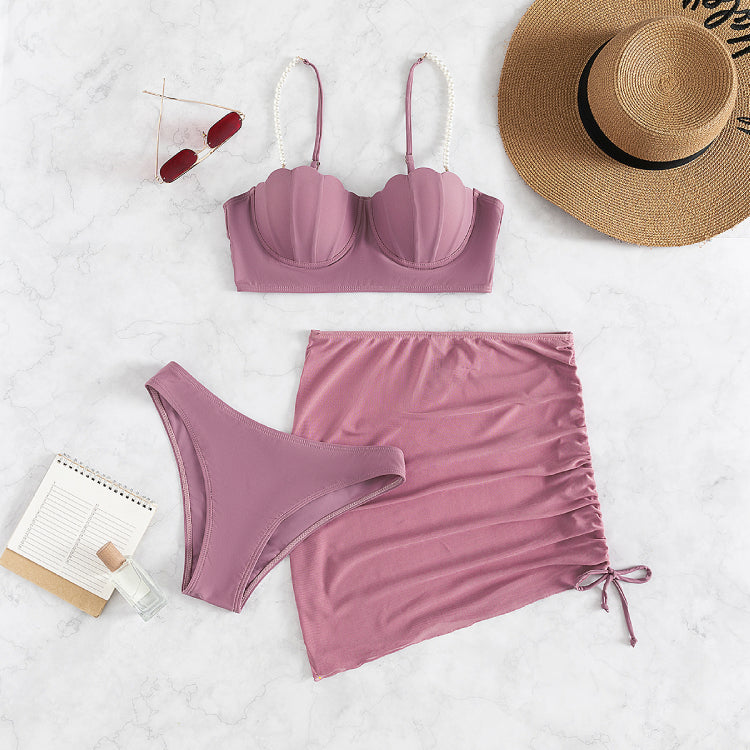 Pearl Decor Push Up Solid Color Sexy Bikini Swimsuit Three-piece Set