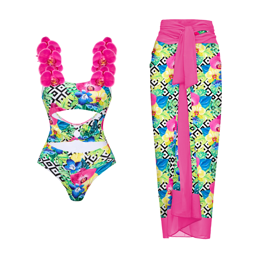 3D orchid Print One Piece Swimsuit and Sarong