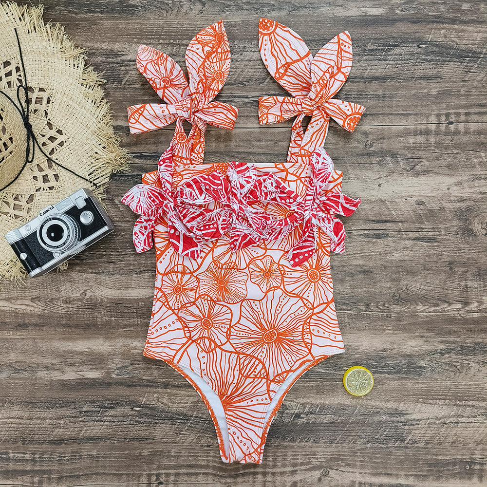 3D Flower Color Block Bowknot Printed One Piece Swimsuit
