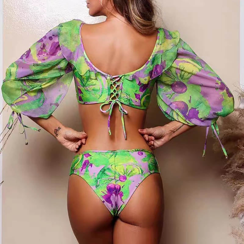 Fruit&Vegetable Print Cut Out Tie Ruffle Hem Swimsuit