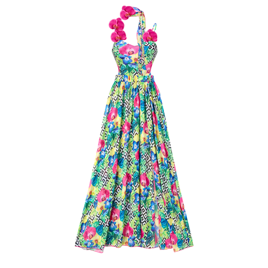 3D orchid Print Ribbon One Piece Swimsuit and Sarong