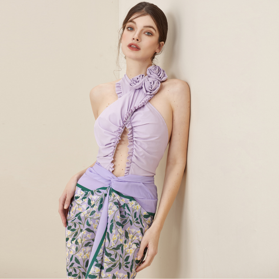 Vioye Purple Halter 3D Flower Decor Backless One Piece Swimsuit and Sarong