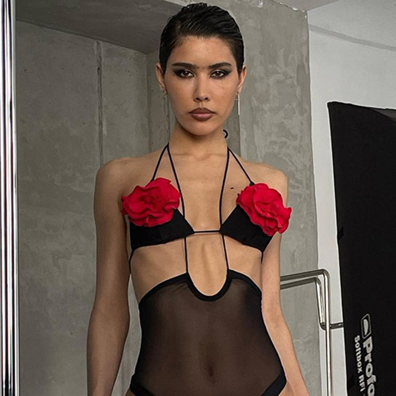 3D Flower Color Block Bikini Cami Set