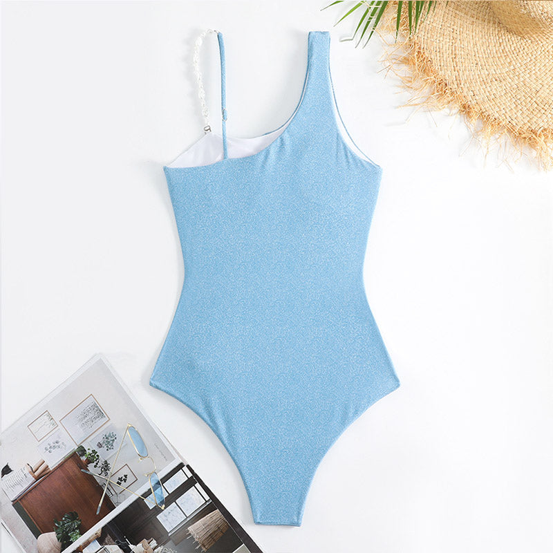 Asymmetrical Neck Beaded Detail Cut Out Front Swimsuit