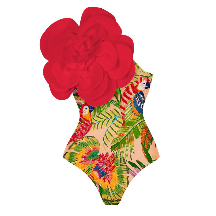 Vioye Exaggerated 3D Flower Printed One Piece Swimsuit and Sarong