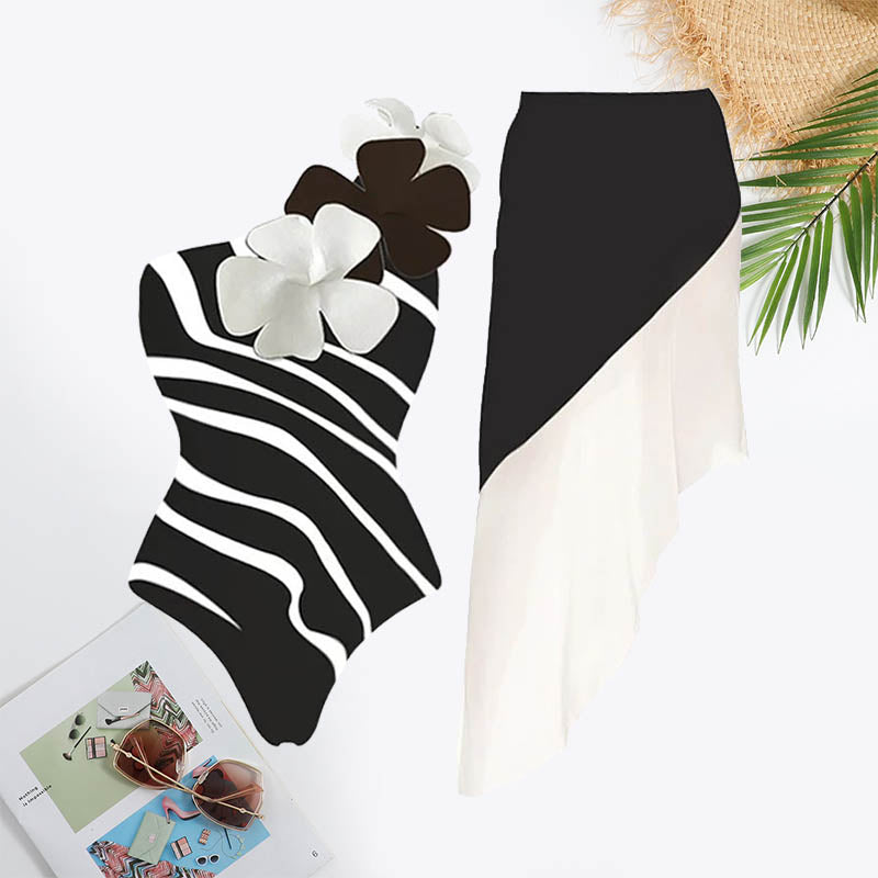 Zebra Stripe Print Flower Decoration One Shoulder Asymmetrical Hem Swimsuit