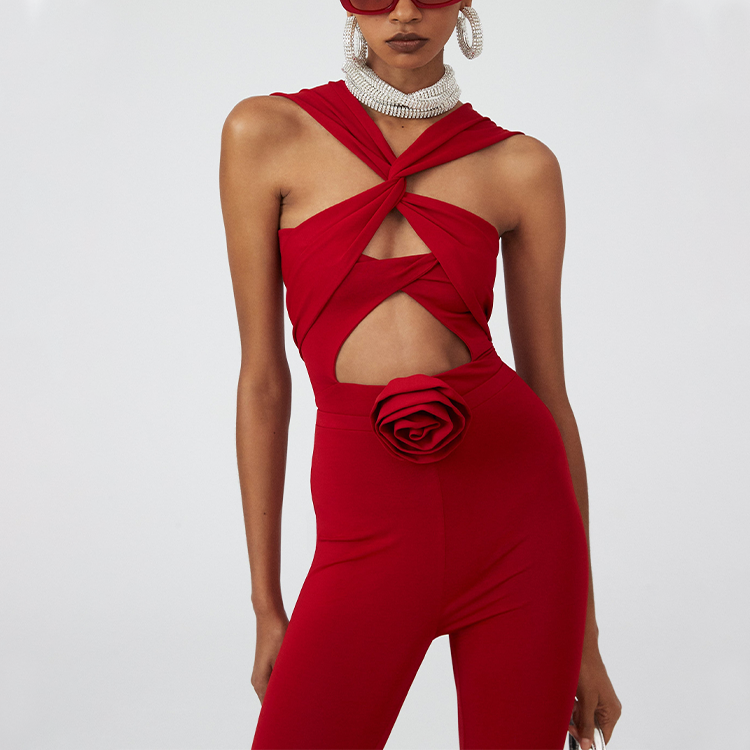 3D Flower Cut Out Cross Straps One Piece Swimsuit and Pants