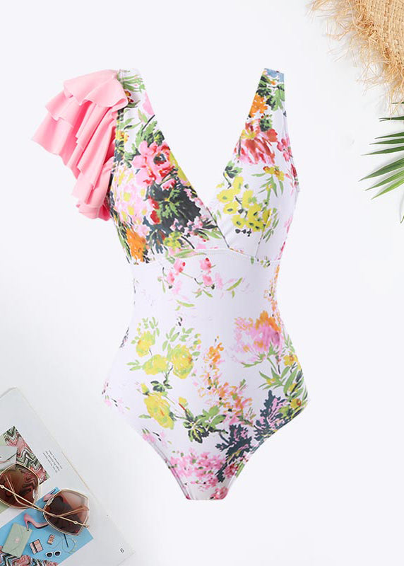 Suits You Perfectly Floral Print V-neck Ruffle Trim Swimsuit