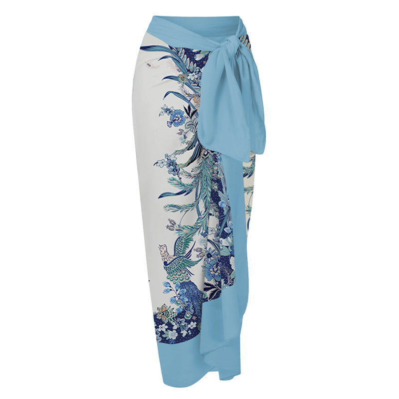 Vioye Blue Reversible Bowknot Tie-shoulder One Piece Swimsuit and Sarong/Skirt