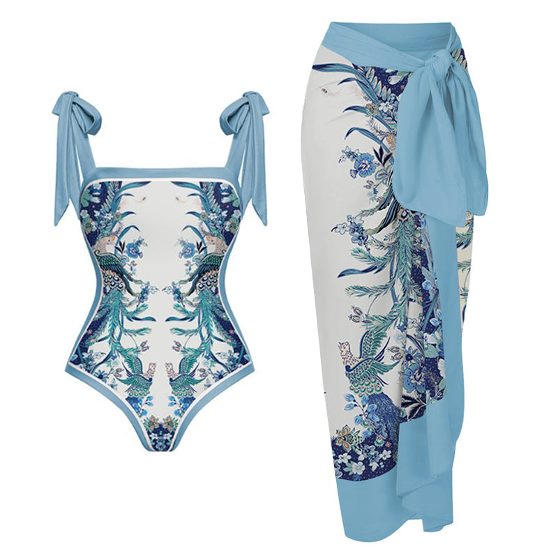 Vioye Blue Reversible Bowknot Tie-shoulder One Piece Swimsuit and Sarong/Skirt