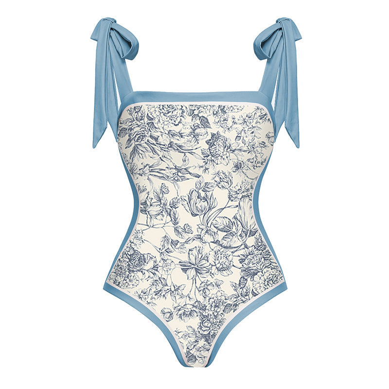 Vioye Blue Reversible Bowknot Tie-shoulder One Piece Swimsuit and Sarong/Skirt