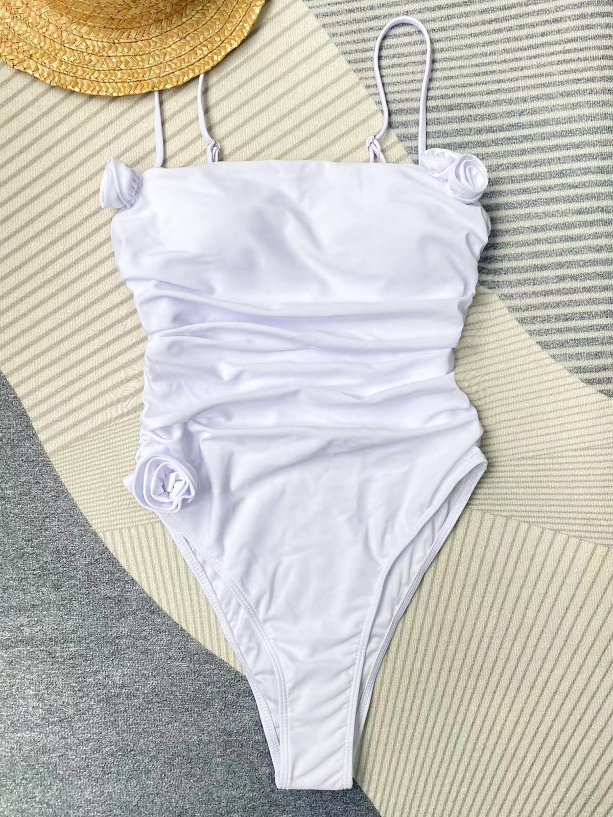 White Sling 3D Flower One Piece Swimsuit