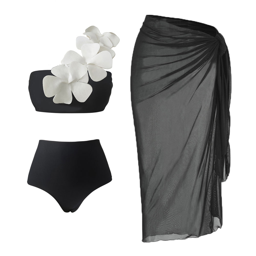 One Shoulder 3D Flower Black Bikini Swimsuit and Skirt