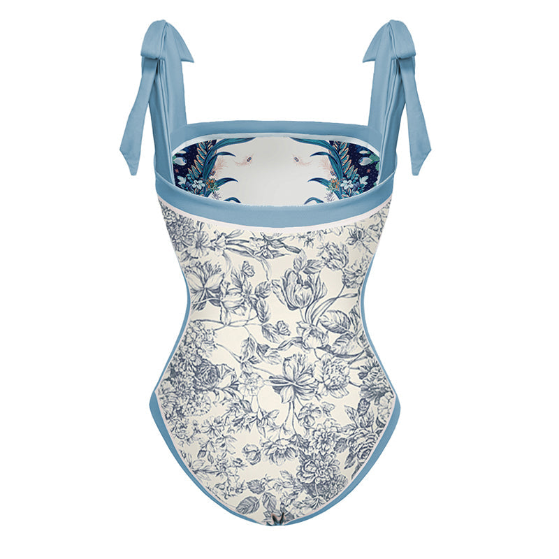Vioye Blue Reversible Bowknot Tie-shoulder One Piece Swimsuit and Sarong/Skirt