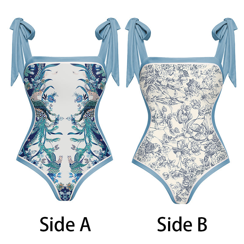 Vioye Blue Reversible Bowknot Tie-shoulder One Piece Swimsuit and Sarong/Skirt