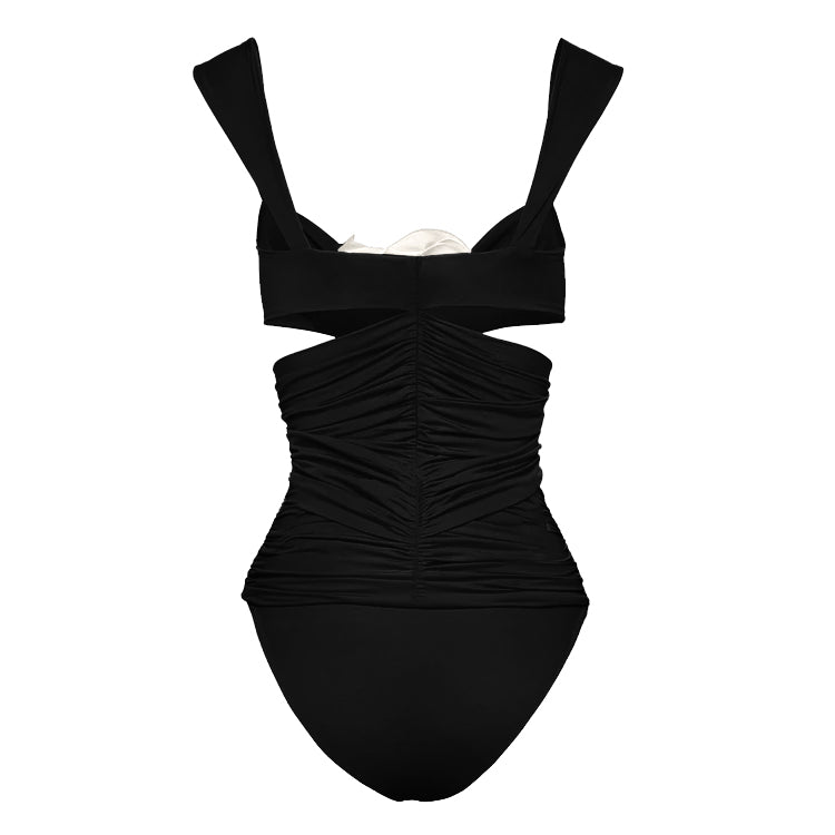 Vioye Black 3D Flower Cutout One Piece Swimsuit and Skirt