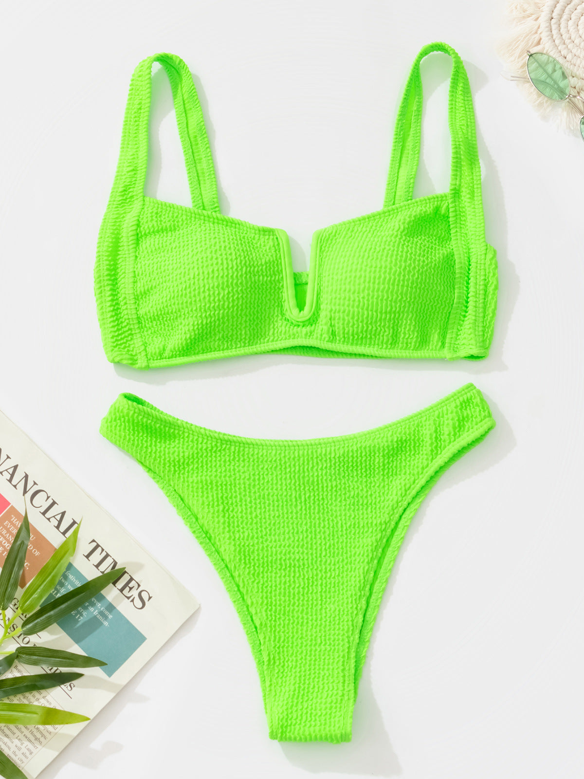 V Neck Special Fabric Solid Color Bikini Swimsuit