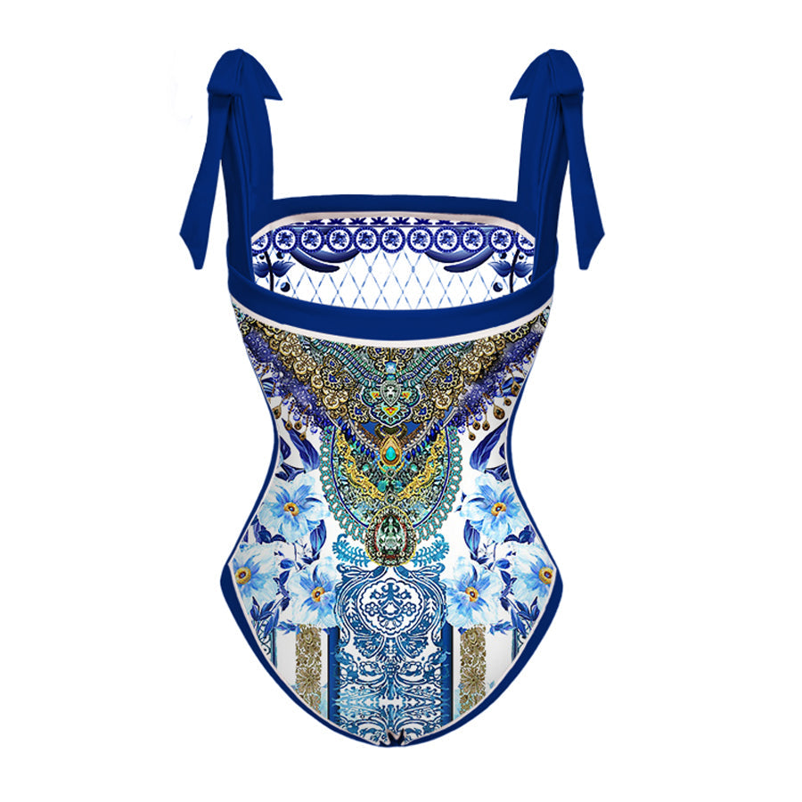 Vioye Reversible Bowknot Tie-shoulder One Piece Swimsuit and Sarong