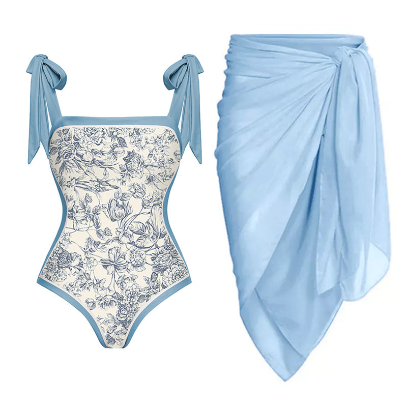 Vioye Blue Reversible Bowknot Tie-shoulder One Piece Swimsuit and Sarong/Skirt