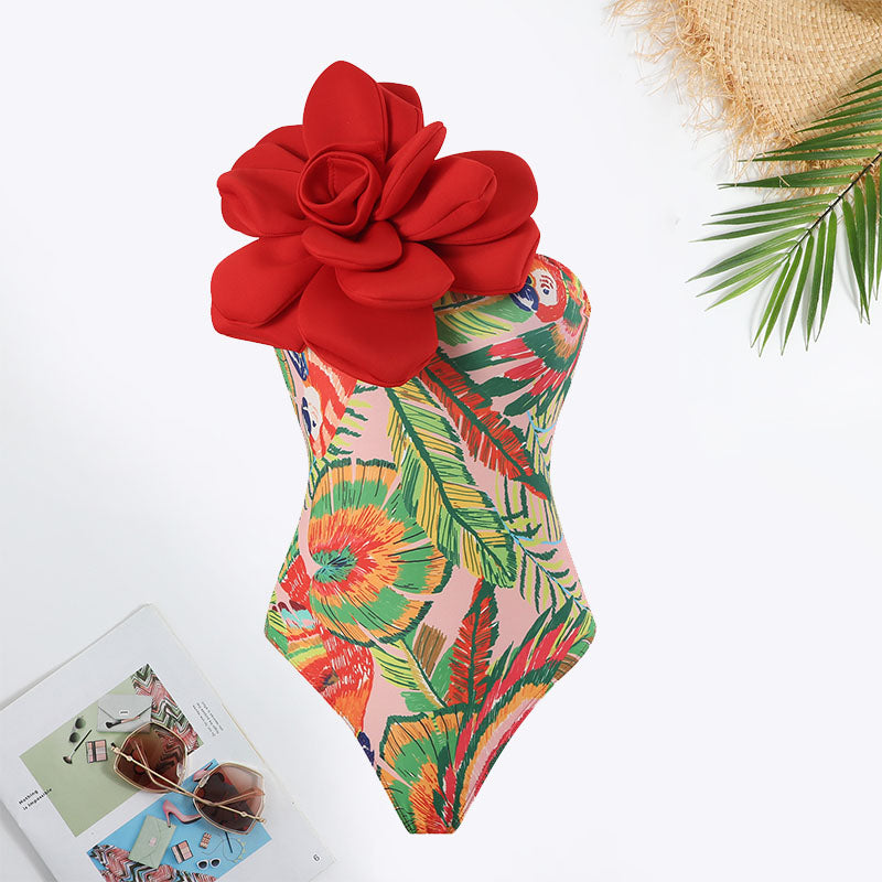 Plants Print Flower Decoration Tie Front Swimsuit