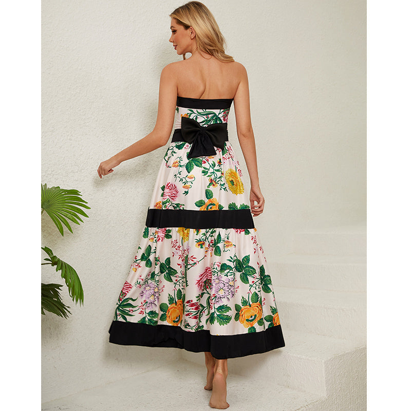 Off Shoulder Back Bow Tie Color Block Printed One Piece Swimsuit and Skirt(Shipped on Sep 25th)