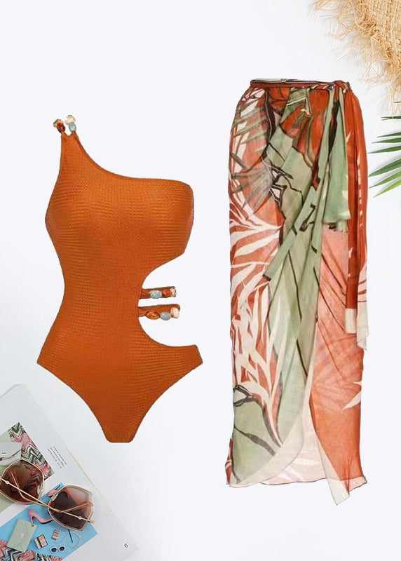 One Shoulder Beaded Detail Cut Out Waist Swimsuit