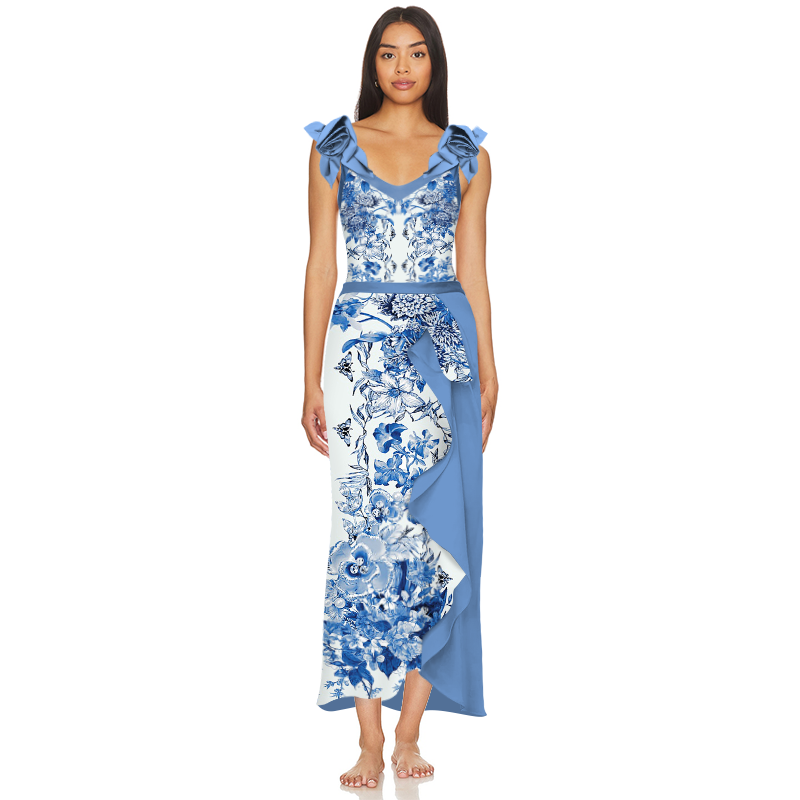 3D Flower Decor Blue and White Porcelain Printed One Piece Swimsuit and Skirt