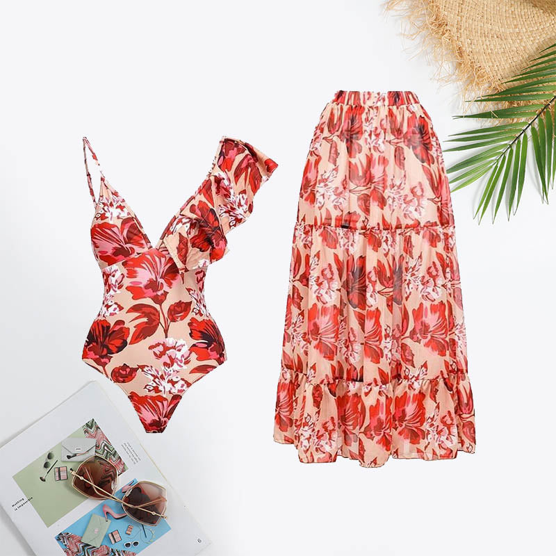 Floral Print Asymmetrical Strap Ruffle Trim Swimsuit
