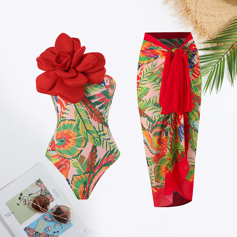 Plants Print Flower Decoration Tie Front Swimsuit