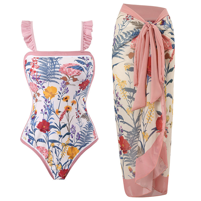 Printed Simple Fashion One Piece Swimsuit and Sarong