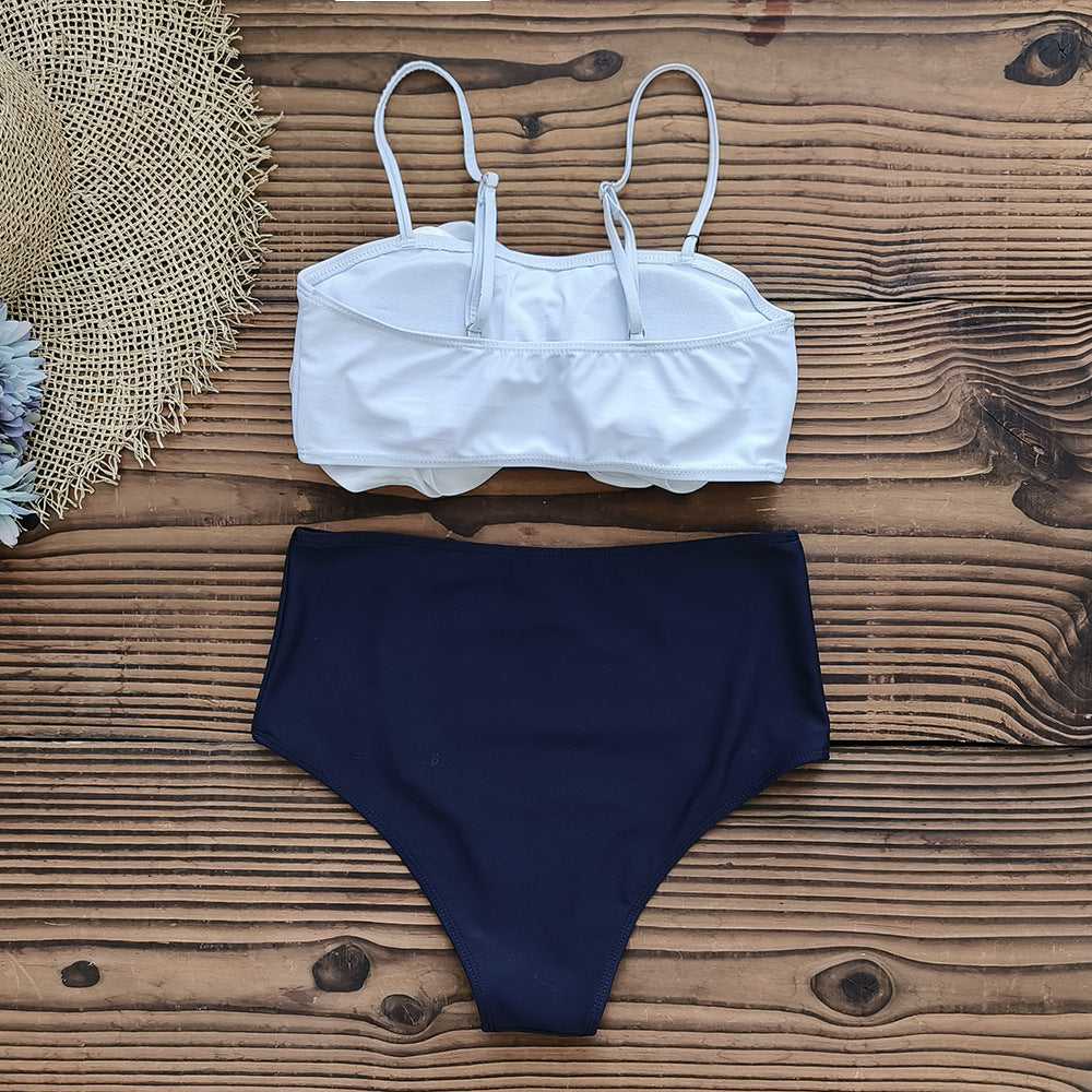 Vioye 3D Flowers Color Block Bikini Swimsuit