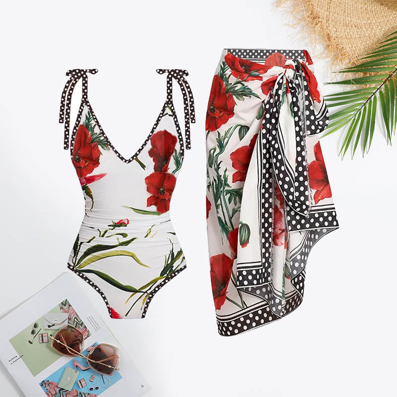 Floral&Polka Dot Print Contrast Binding Tie Swimsuit