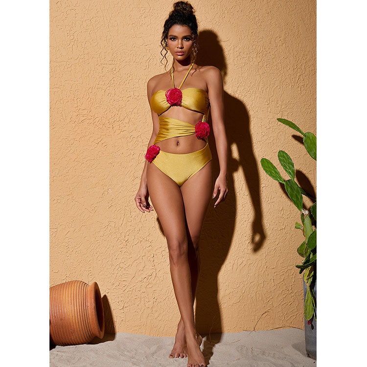 3D Flower Color Block Cut Out Halter One Piece Swimsuit and Skirt