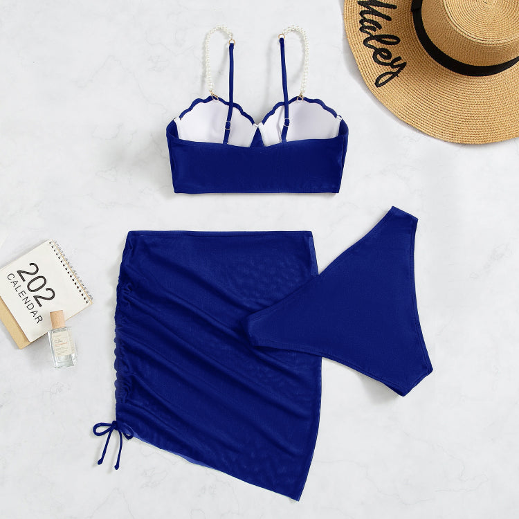 Pearl Decor Push Up Solid Color Sexy Bikini Swimsuit Three-piece Set