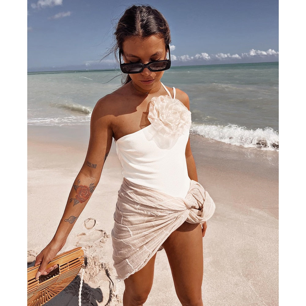 One Shoulder 3D Flower One Piece Swimsuit