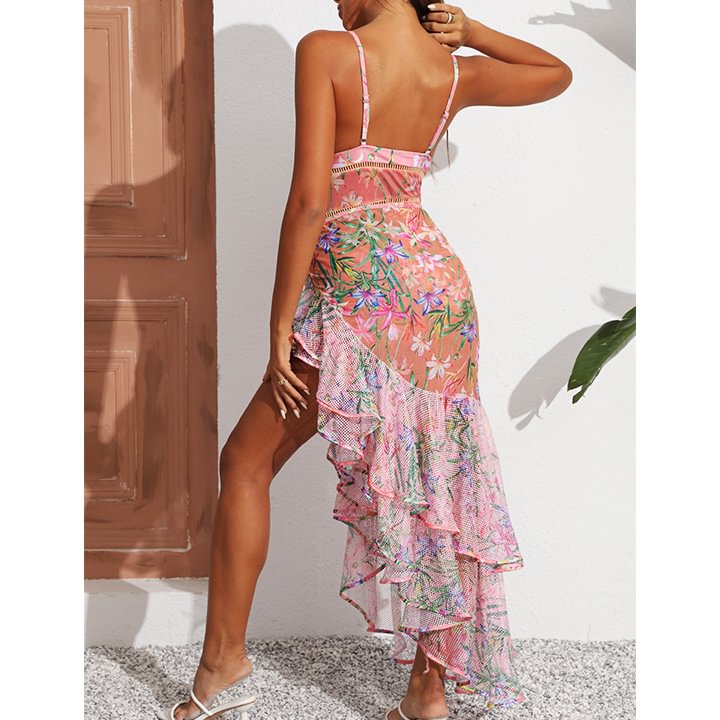 Vioye V Neck Floral Print One Piece Swimsuit and Mesh Splicing Sarong