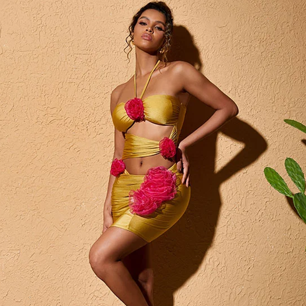 3D Flower Color Block Cut Out Halter One Piece Swimsuit and Skirt
