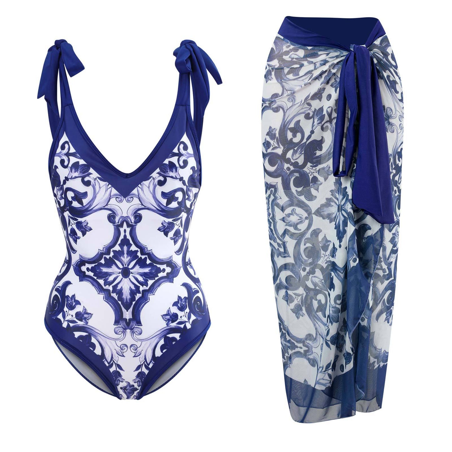 Print One Piece Swimsuit and Splicing Sarong