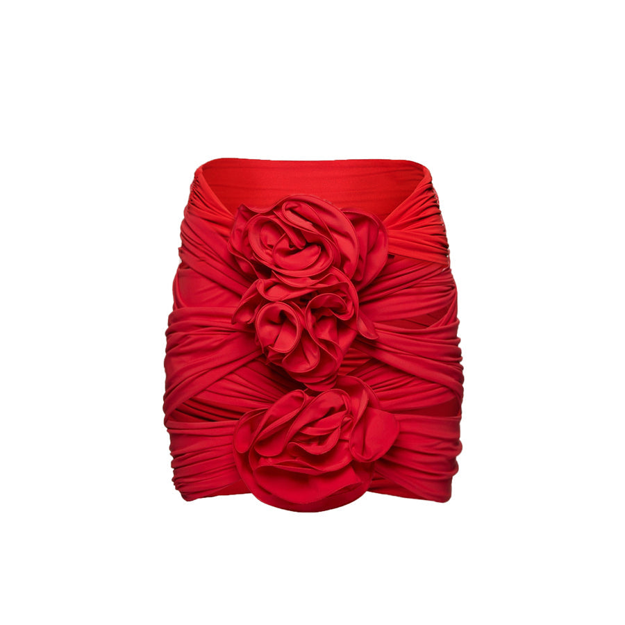 Vioye Red Off Shoulder 3D Flower Long Sleeve One Piece Swimsuit and Skirt