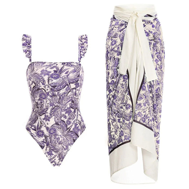 Printed Simple Fashion One Piece Swimsuit and Sarong