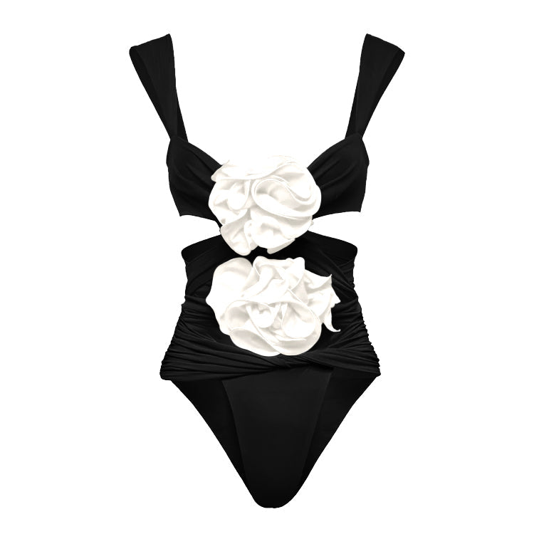 Vioye Black 3D Flower Cutout One Piece Swimsuit and Skirt