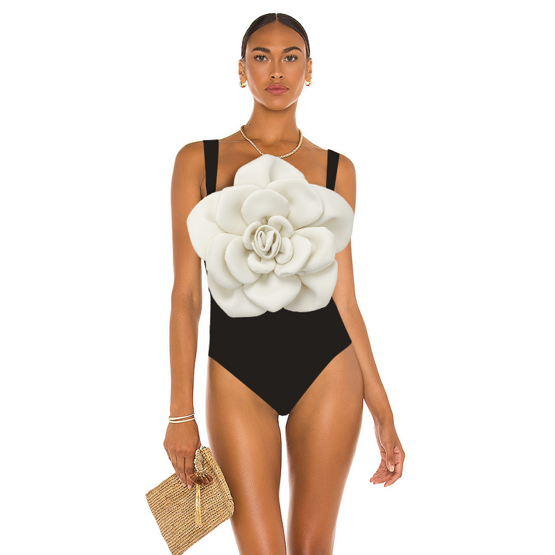 3D Flower Sling Black and White One Piece Swimsuit and Skirt (Shipped on Nov 6th)