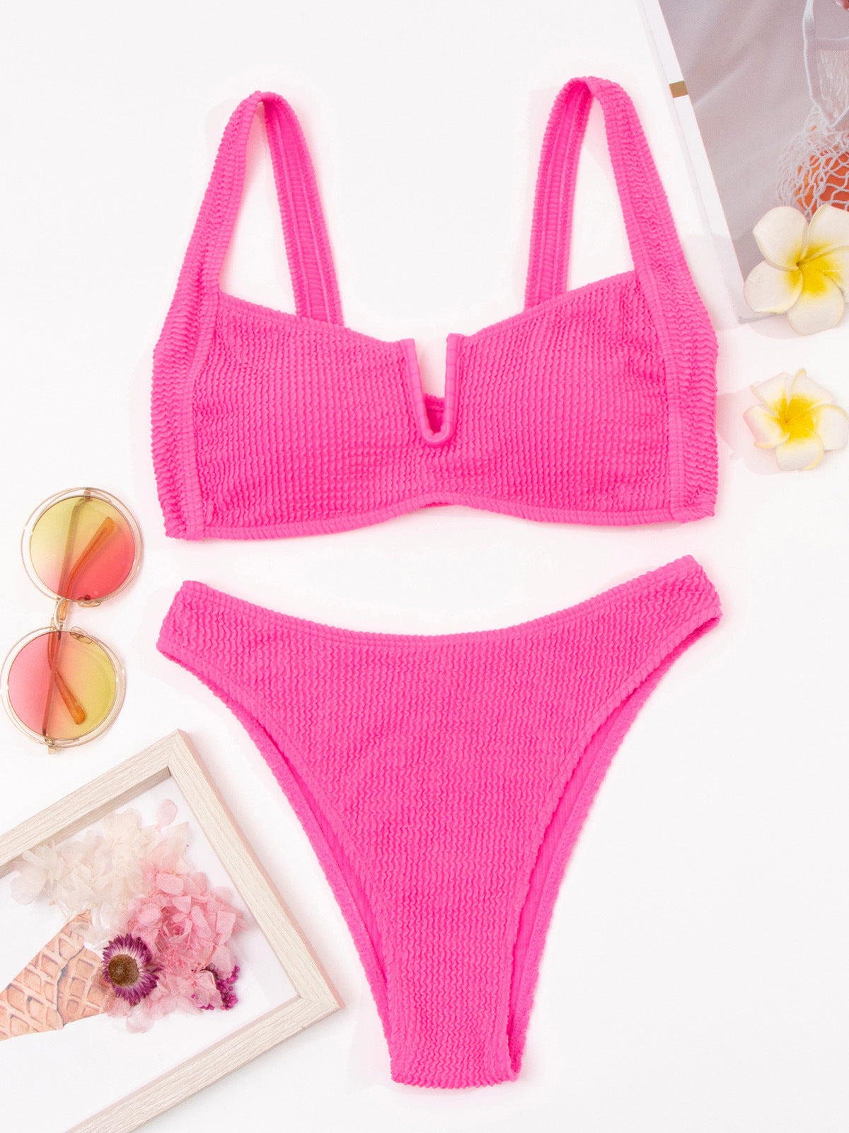 V Neck Special Fabric Solid Color Bikini Swimsuit