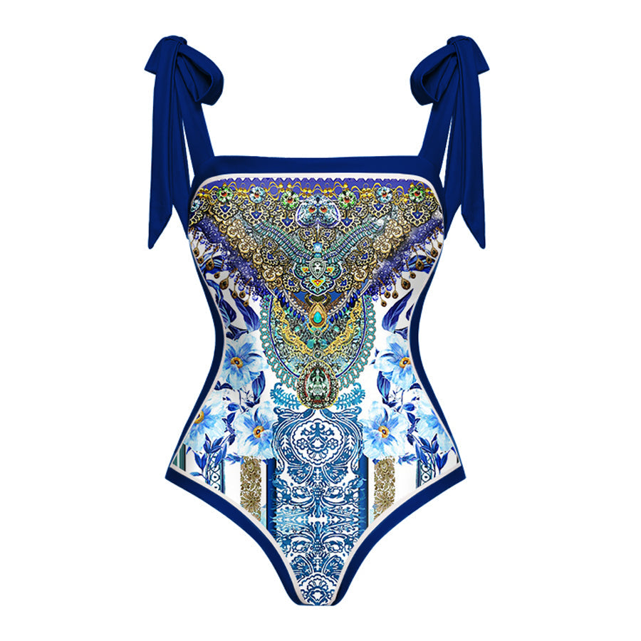 Vioye Reversible Bowknot Tie-shoulder One Piece Swimsuit and Sarong