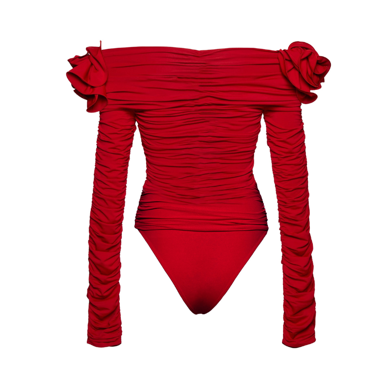 Vioye Red Off Shoulder 3D Flower Long Sleeve One Piece Swimsuit and Skirt