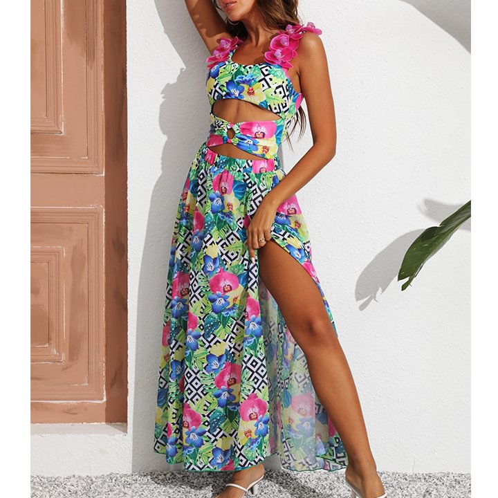 3D orchid Print One Piece Swimsuit and Sarong