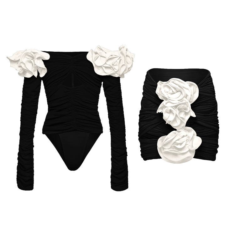 Vioye Black Off Shoulder 3D Flower Long Sleeve One Piece Swimsuit and Skirt